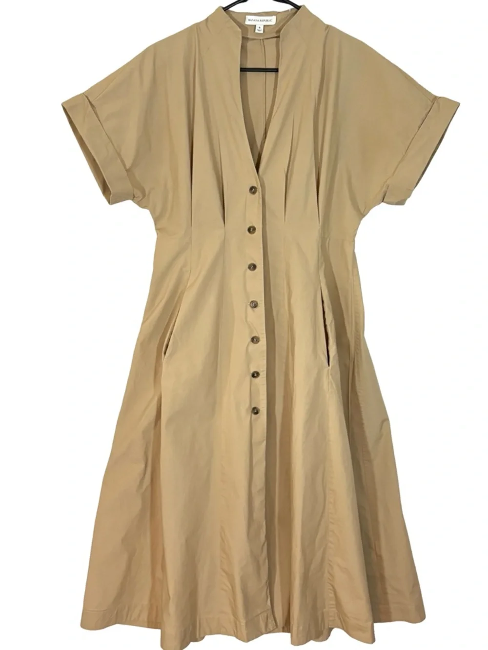 Banana Republic Cotton Poplin Shirt Dress Sandstone Midi Fit Flare 8 - Picture 2 of 10